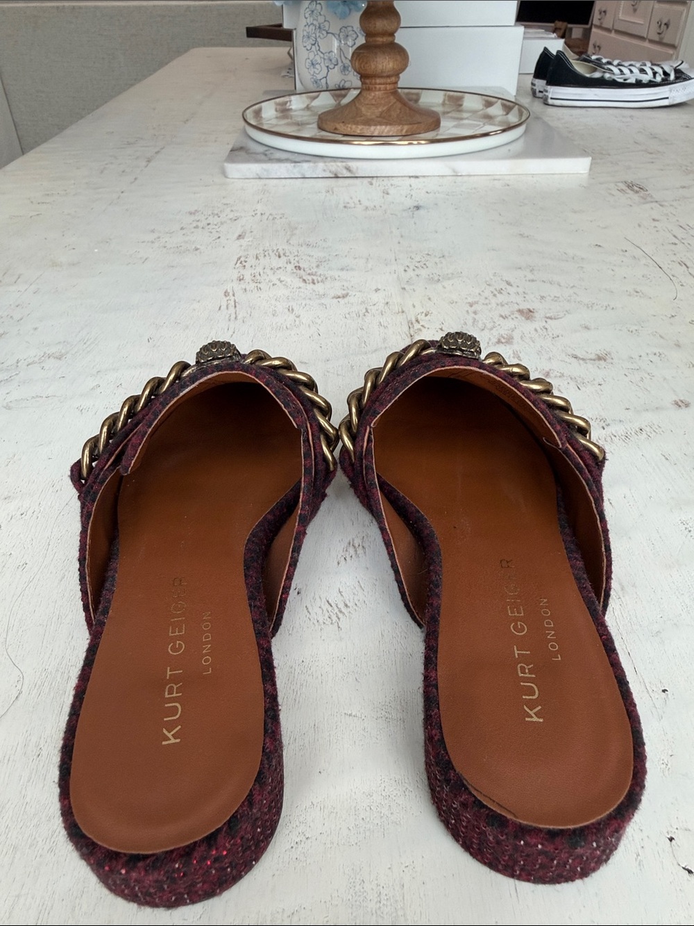 Kurt Geiger Burgundy Tweed Chain-Embellished Loafers - Picture 3 of 4